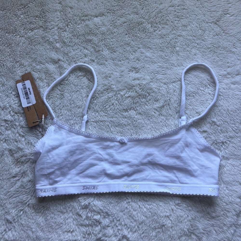 Skims Logo Picot Scoop Bralette Snow White Cotton BR-BRL-11450W Womens Small NWT